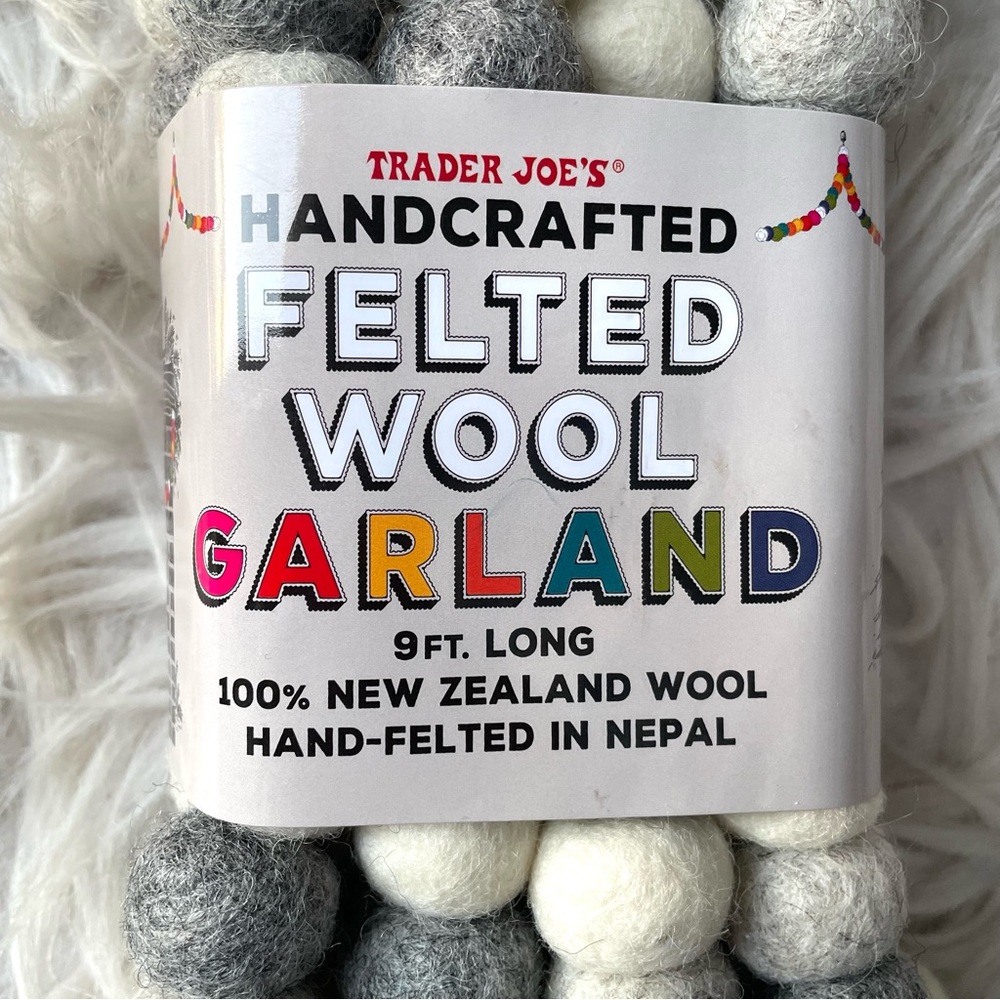 NWT Trader Joe's Handcrafted Felted Wool Garland 9 FT Gray NEW Holiday